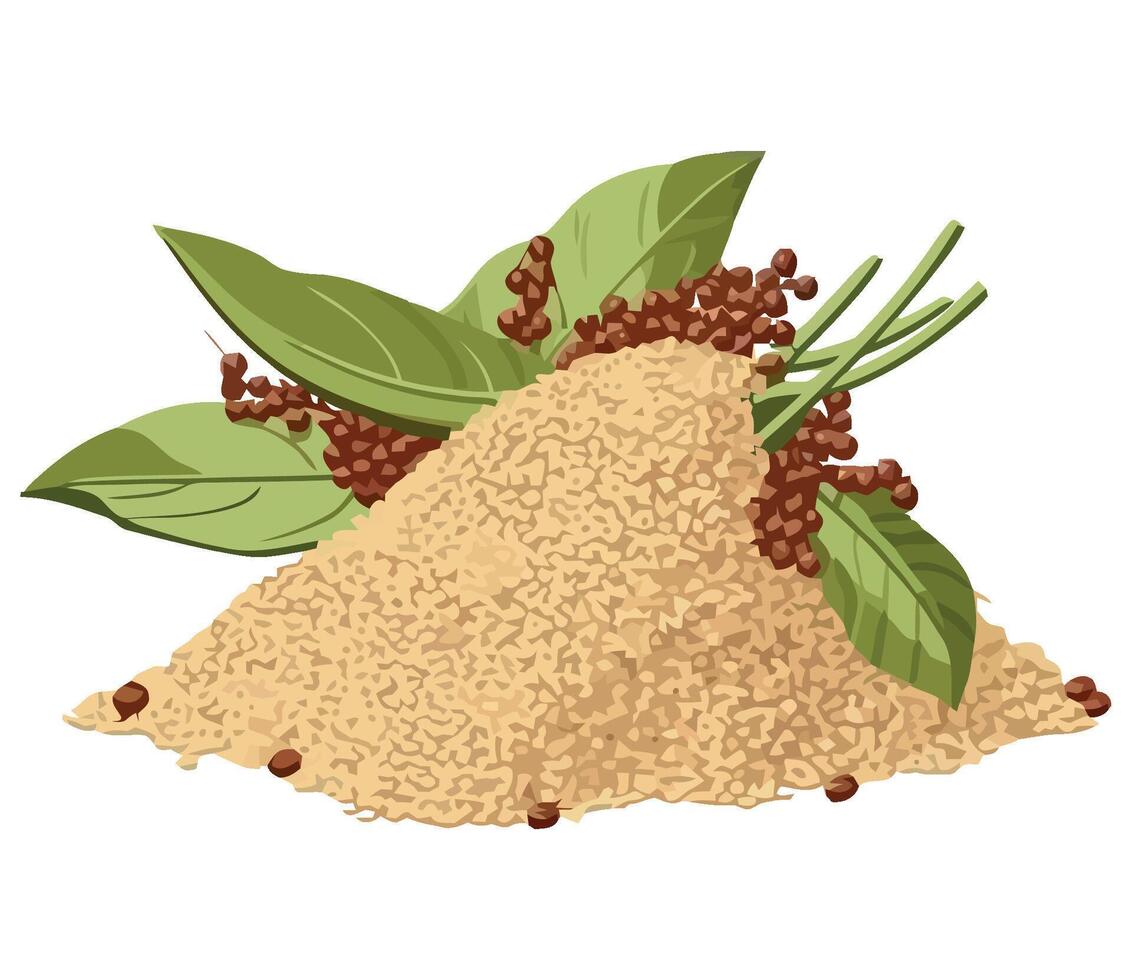 A pile of brown rice with leaves and seeds vector