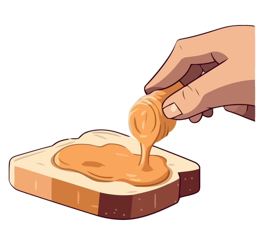 Hand dipping peanut butter on toast illustration vector