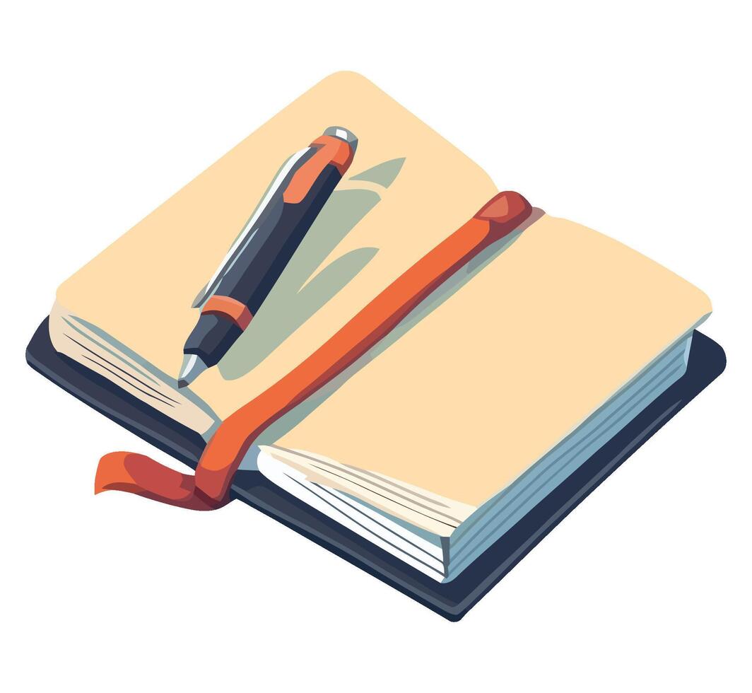 An open notebook with a pen and orange ribbon vector