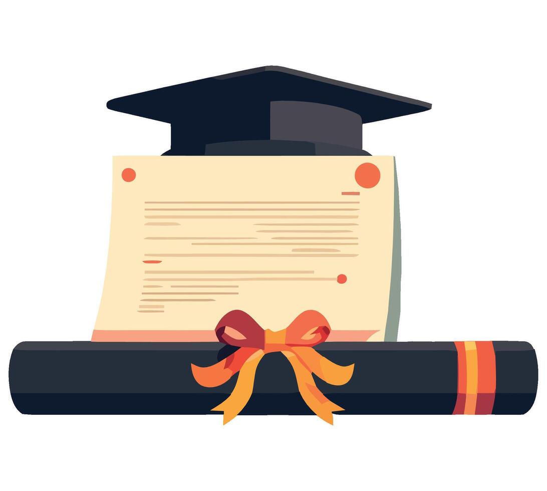 Graduation diploma and mortar board with ribbon vector