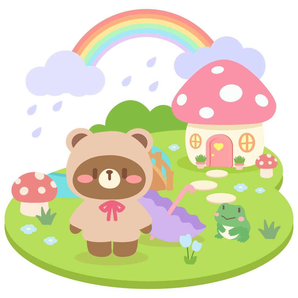Cute Bear in Rainy Forest with Mushroom House and Rainbow.Adorable Bear in Hood with Mushroom House and Frog.Kawaii Forest Scene with Bear, Frog, and Rainbow. vector