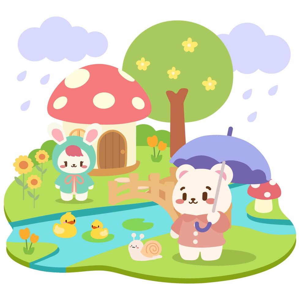 Kawaii Bear and Bunny in Rainy Day with Mushroom House.Adorable Kawaii Animals with Umbrella and Ducklings in Rain.Cute Kawaii Scene. Rainy Day with Mushroom Cottage and Animals vector