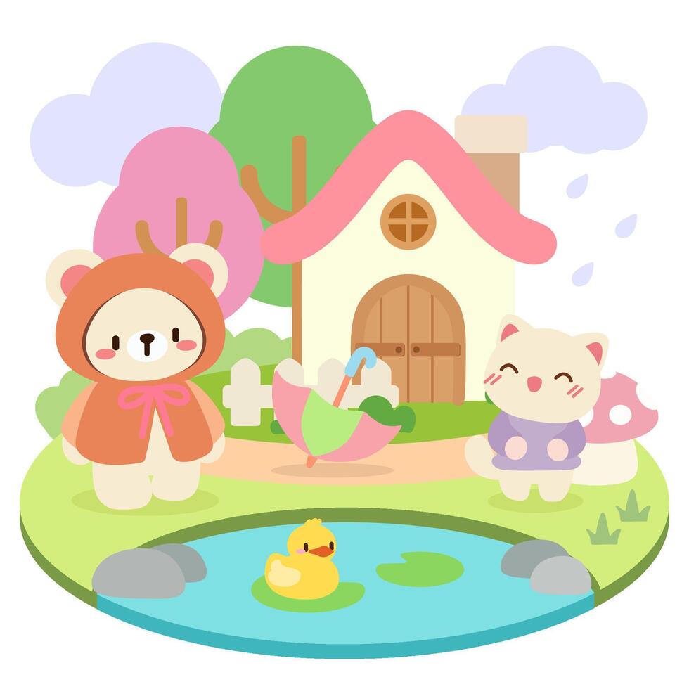 Cute Kawaii Animals in a Cozy Rainy Day Scene.Adorable Cottage with Kawaii Animals and Rainy Weather. Kawaii Animals in a Rainy Day Illustration with a Cozy Cottage. vector