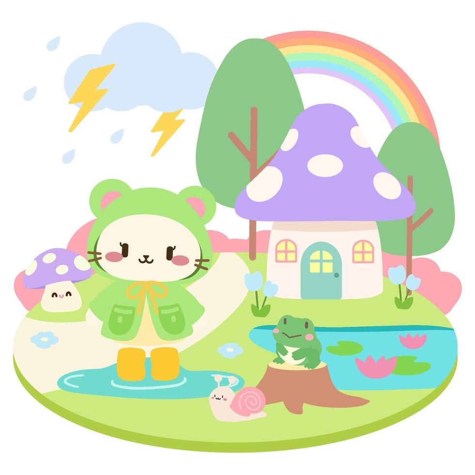 Cute Cat in Frog Hood with Mushroom House and Rainbow.Adorable Cat in Raincoat with Snail and Mushroom House.Kawaii Forest Scene with Cat, Frog, and Thunderstorm. vector