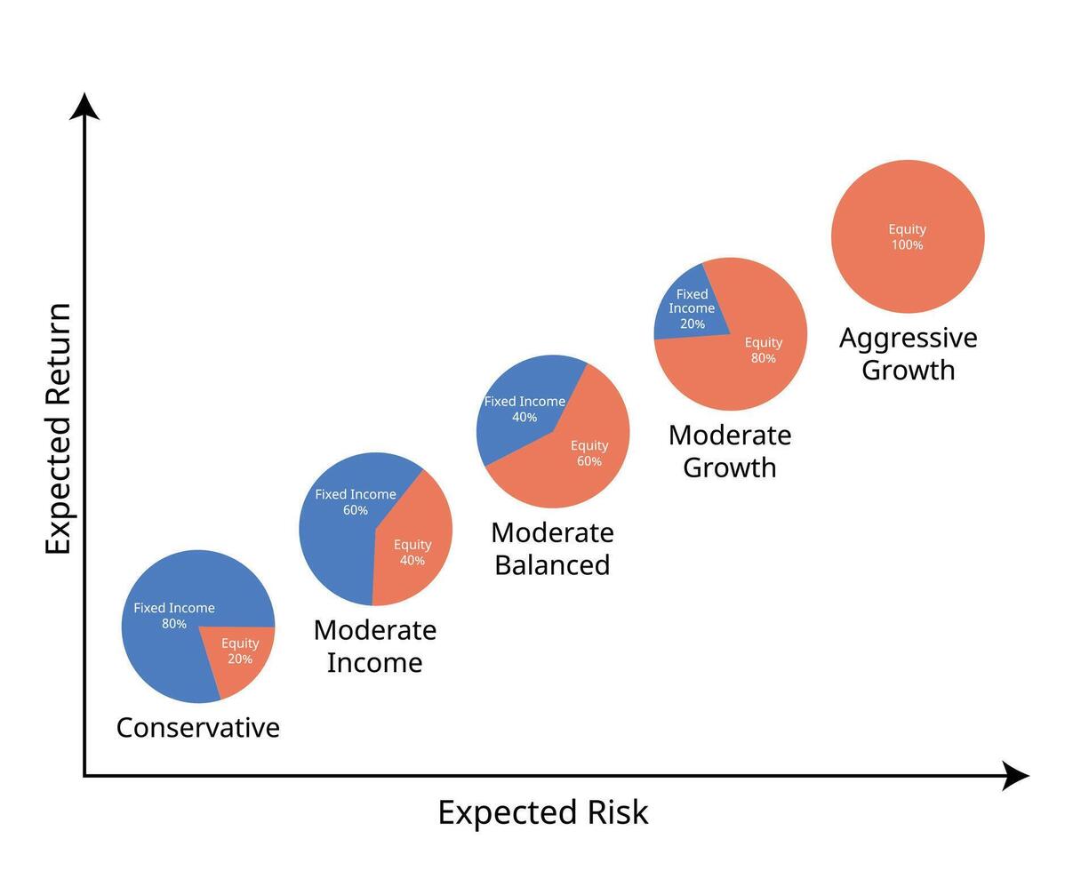 Investment portfolio for assert allocation from conservative, moderate, balanced, growth, high growth vector