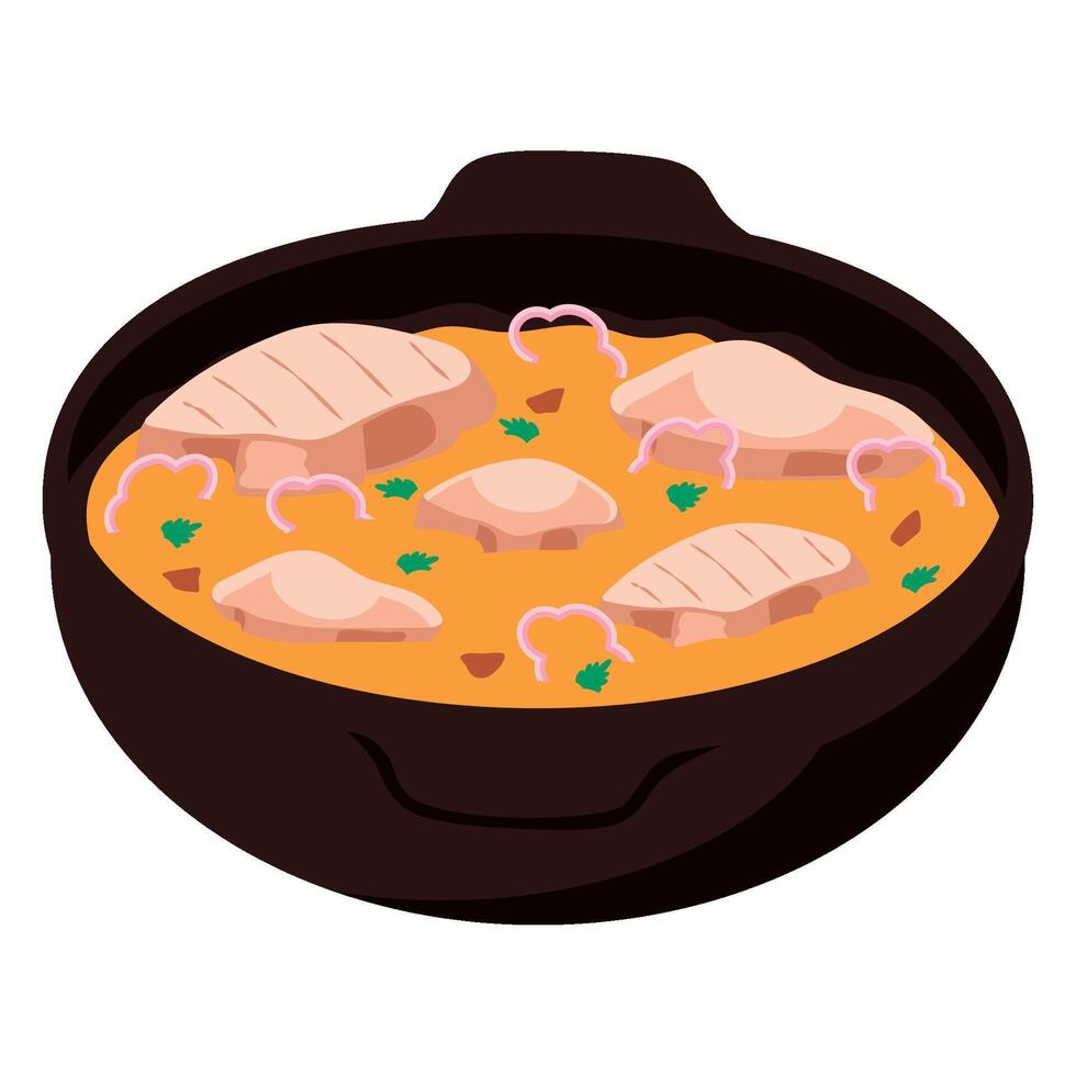 Chicken curry in a pan on a white background vector