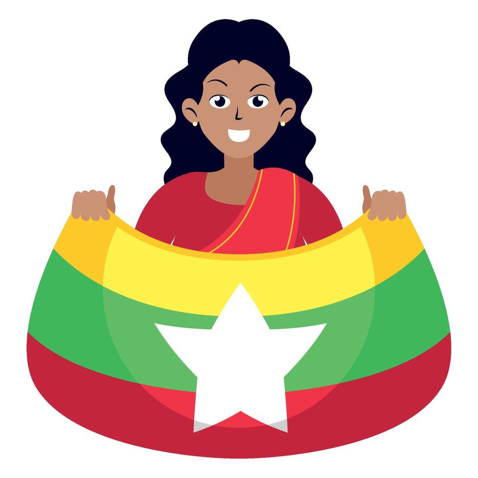 A woman holding a flag of myanmar vector