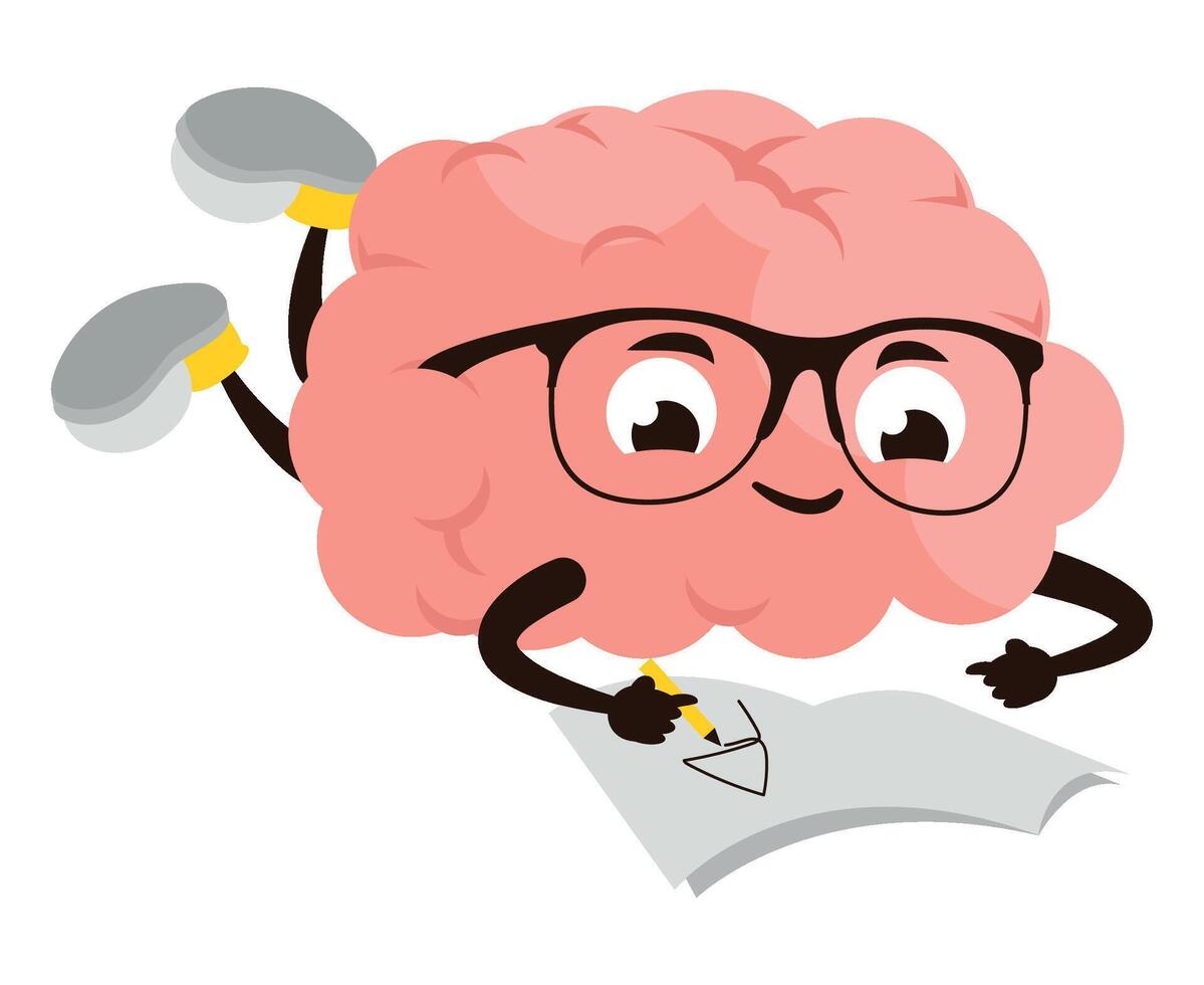 Brain with glasses writing on paper vector