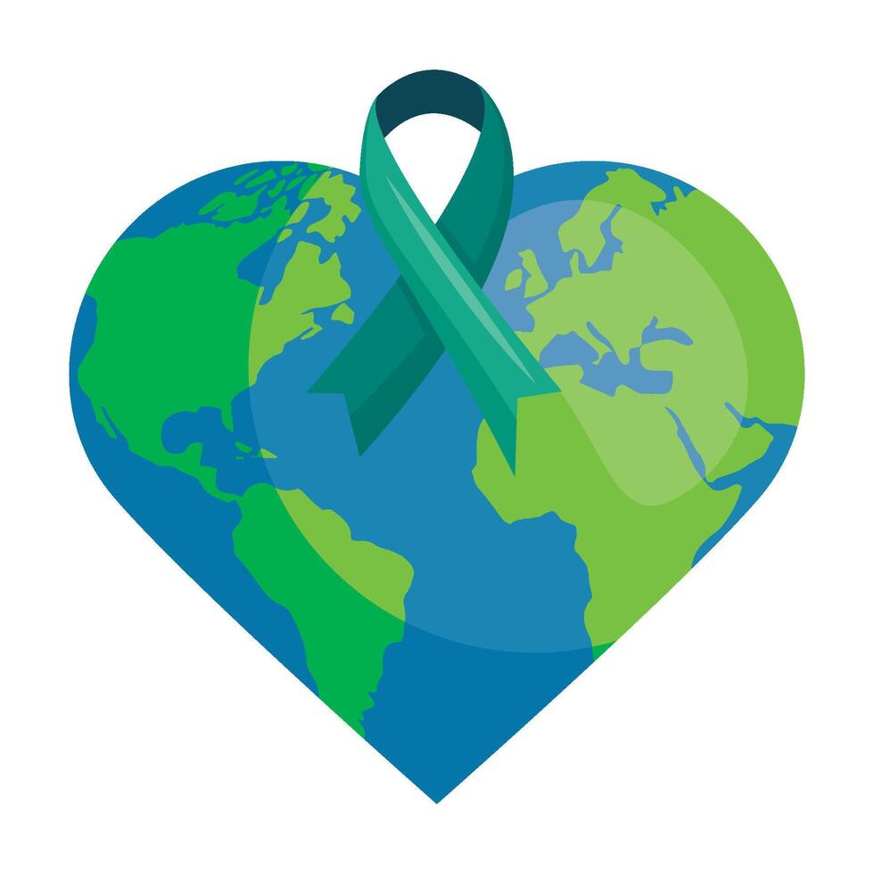 Heart with green ribbon and world map illustration vector