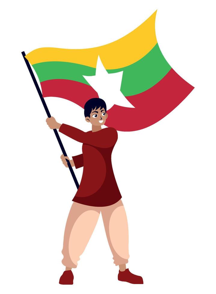 A man holding a flag with myanmar on it vector