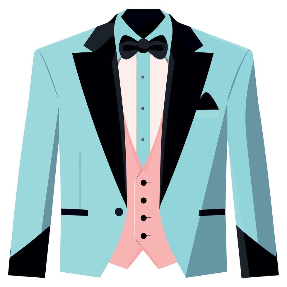 A blue tuxedo with a pink bow tie and black vest vector