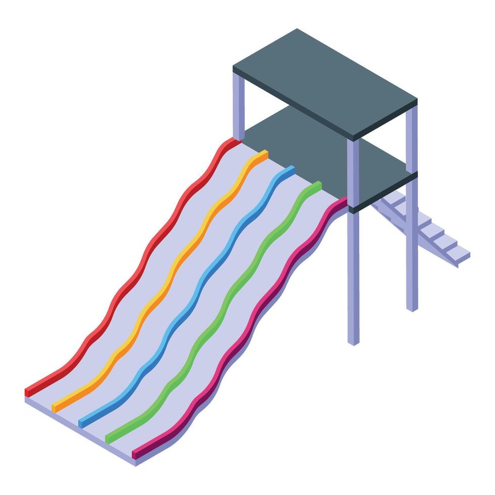 Four colored water slides going down from platform with stairs isometric icon vector