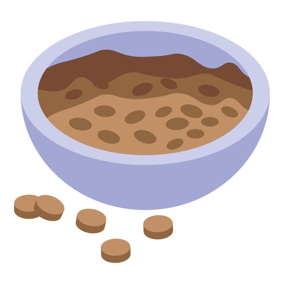 Full ceramic bowl containing dry pet food with some kibbles scattered around vector
