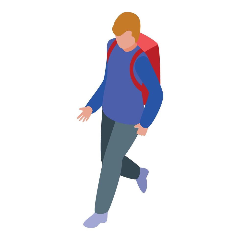 Young male student walking to school with backpack isometric icon vector