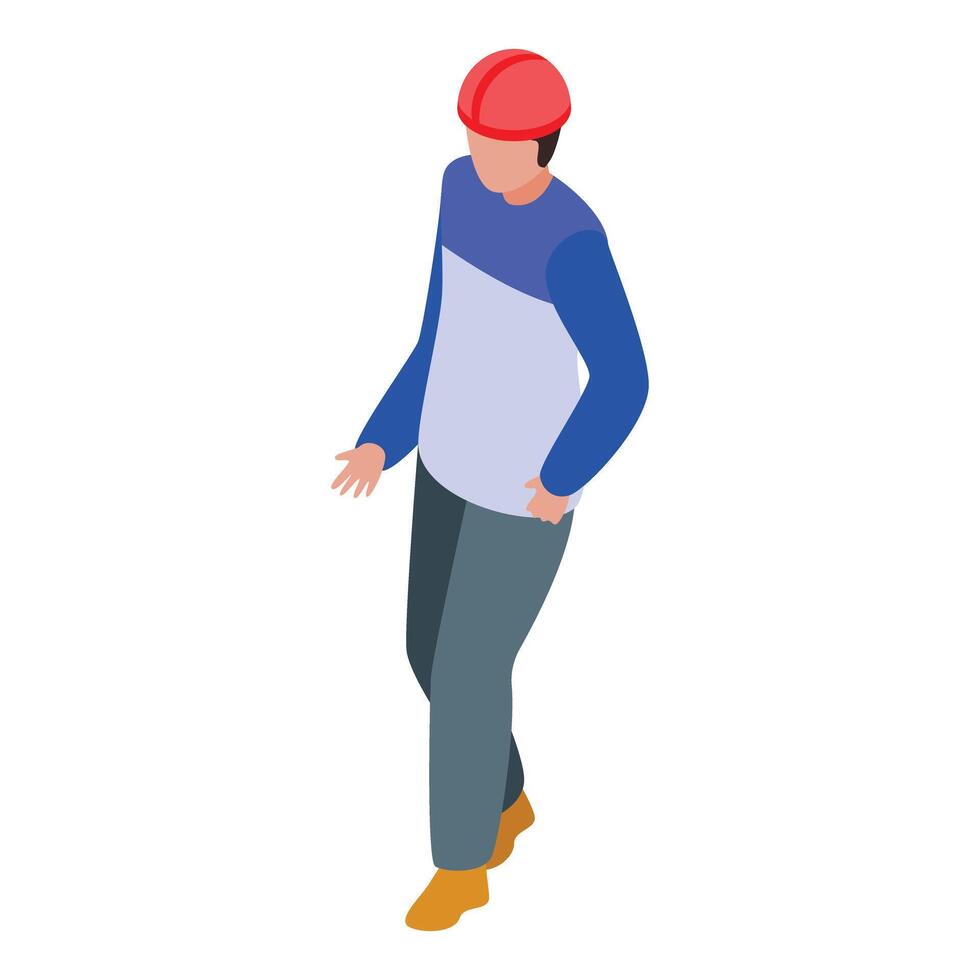 Construction worker walking wearing red helmet isometric icon vector