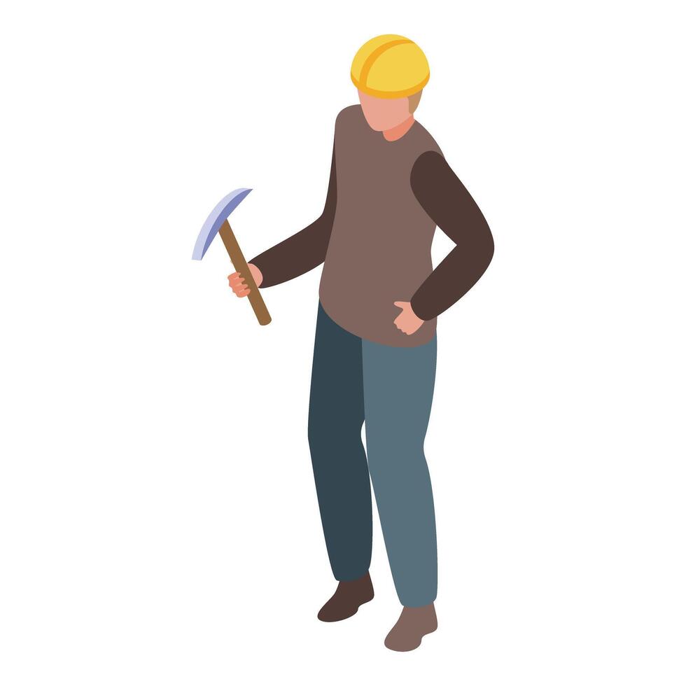 Coal miner holding pickaxe wearing helmet isometric illustration vector
