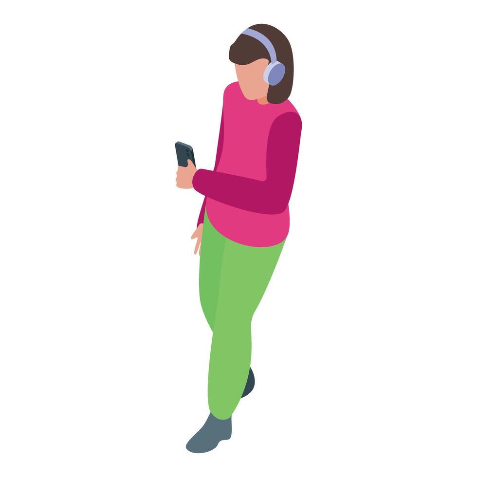 Young woman listening music using headphones while walking and browsing smartphone isometric icon vector