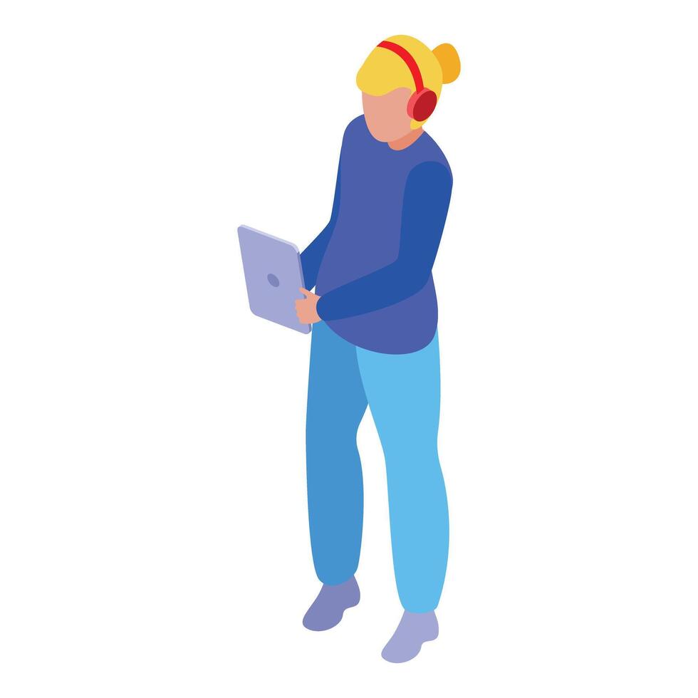 Young woman wearing headphones listening music using tablet isometric view vector