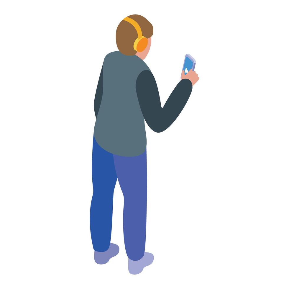 Young man wearing headphones is watching video on smartphone isometric icon vector illustration