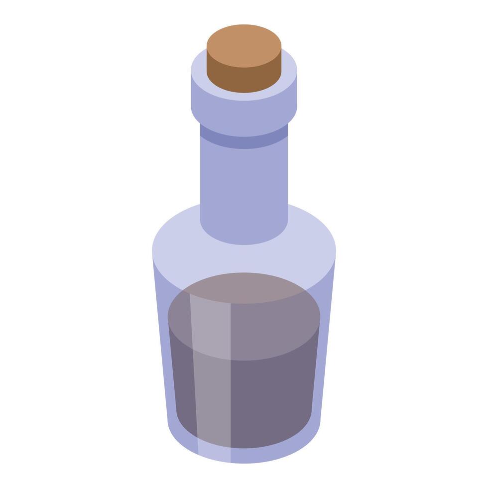 Glass bottle containing dark liquid with cork stopper isometric view vector