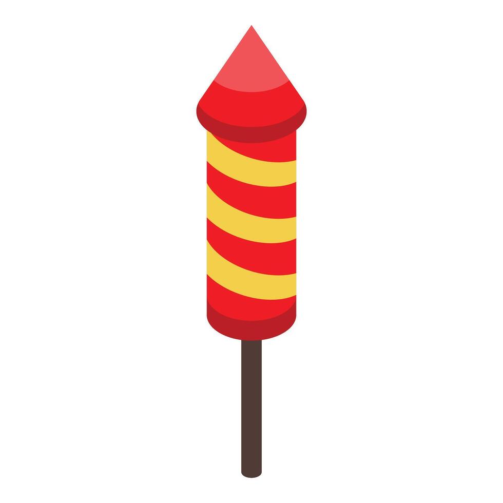 Red firework rocket with yellow stripes standing on wooden stick vector