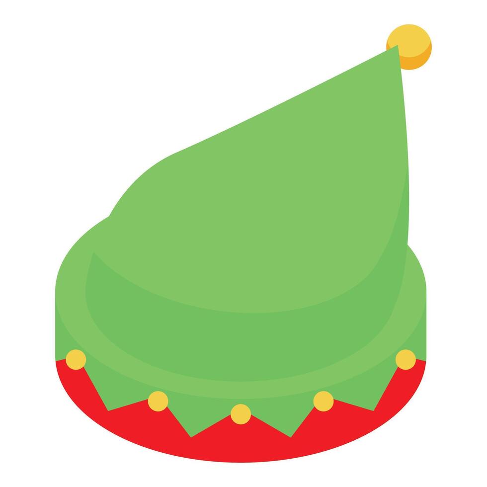 Green elf hat with red trim and yellow pompom isometric 3d vector