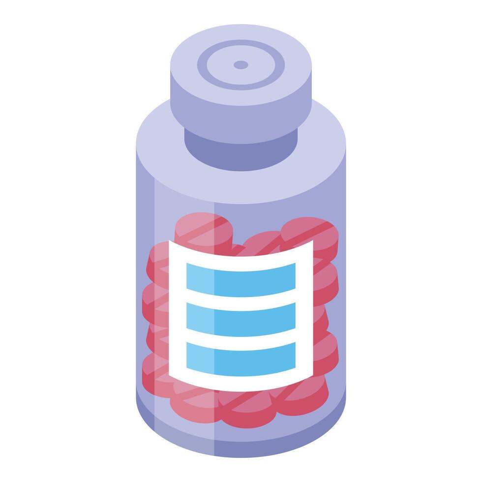 Glass medical bottle containing red pills with blank label for medication name vector