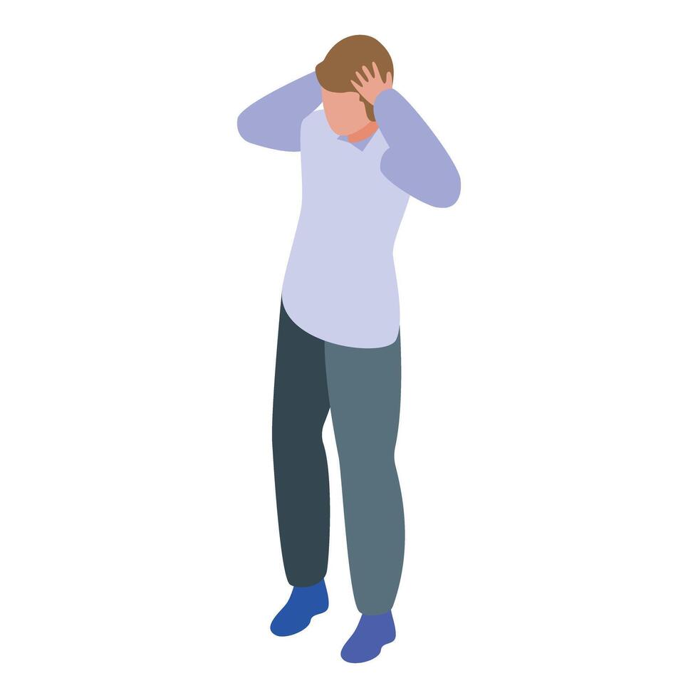 Young man suffering from headache holding his head with hands isometric icon vector