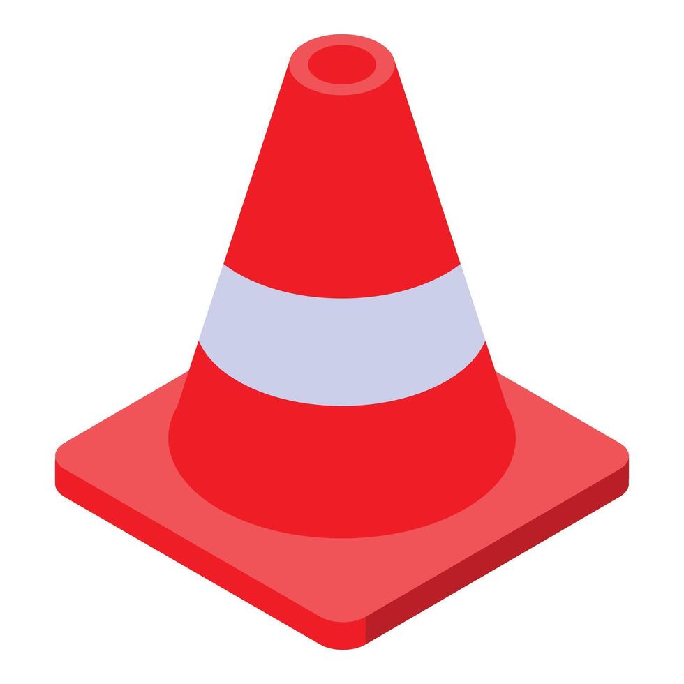 Red traffic cone standing on square base isometric icon vector