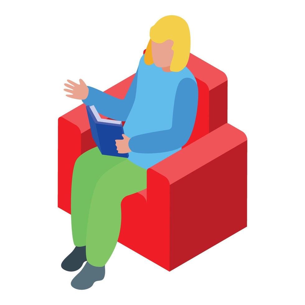Young woman reading book sitting in armchair isometric icon vector