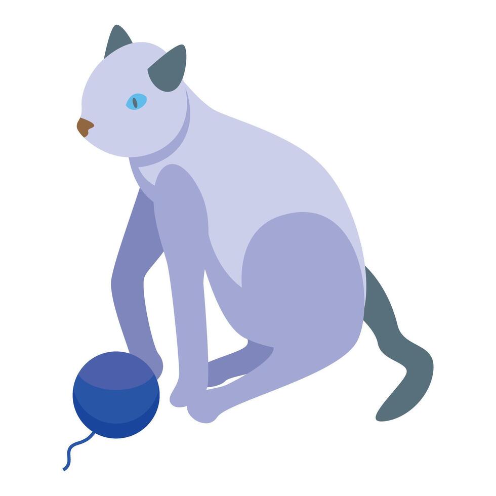 Cute cat playing with blue yarn ball isometric icon vector
