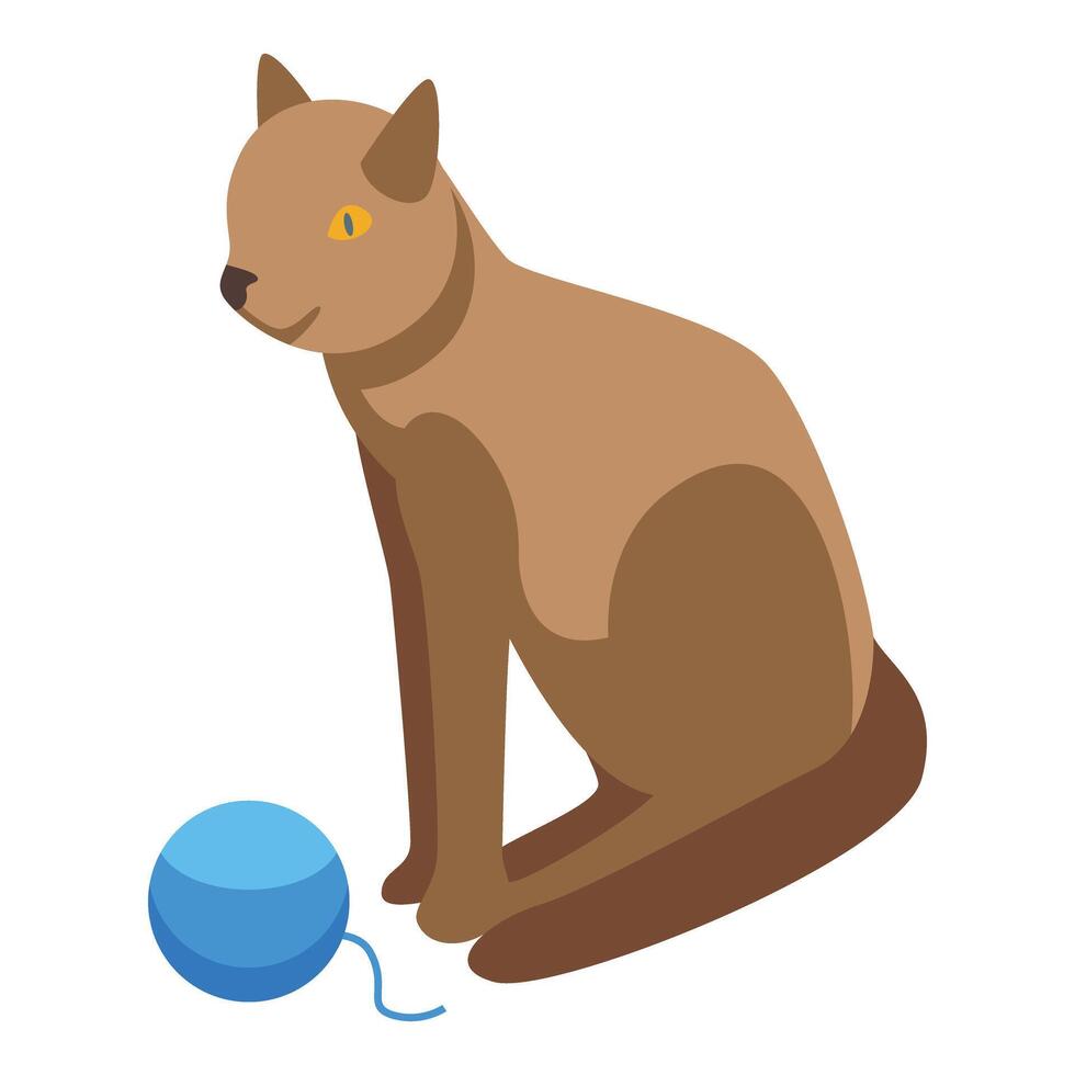 Isometric brown cat sitting and looking at blue yarn ball vector