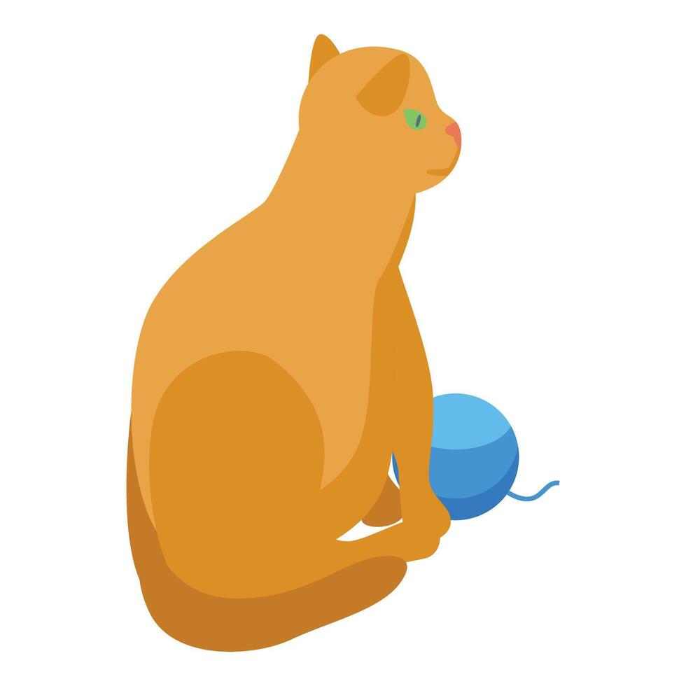 Ginger cat sitting looking away from blue yarn ball vector