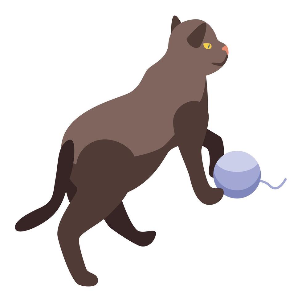 Playful brown cat playing with blue yarn ball, an isometric illustration vector