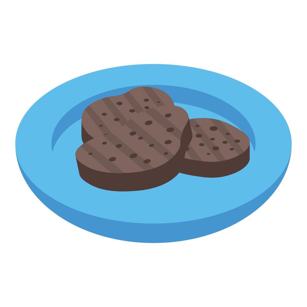 Two grilled burger patties are laying on a blue plate vector