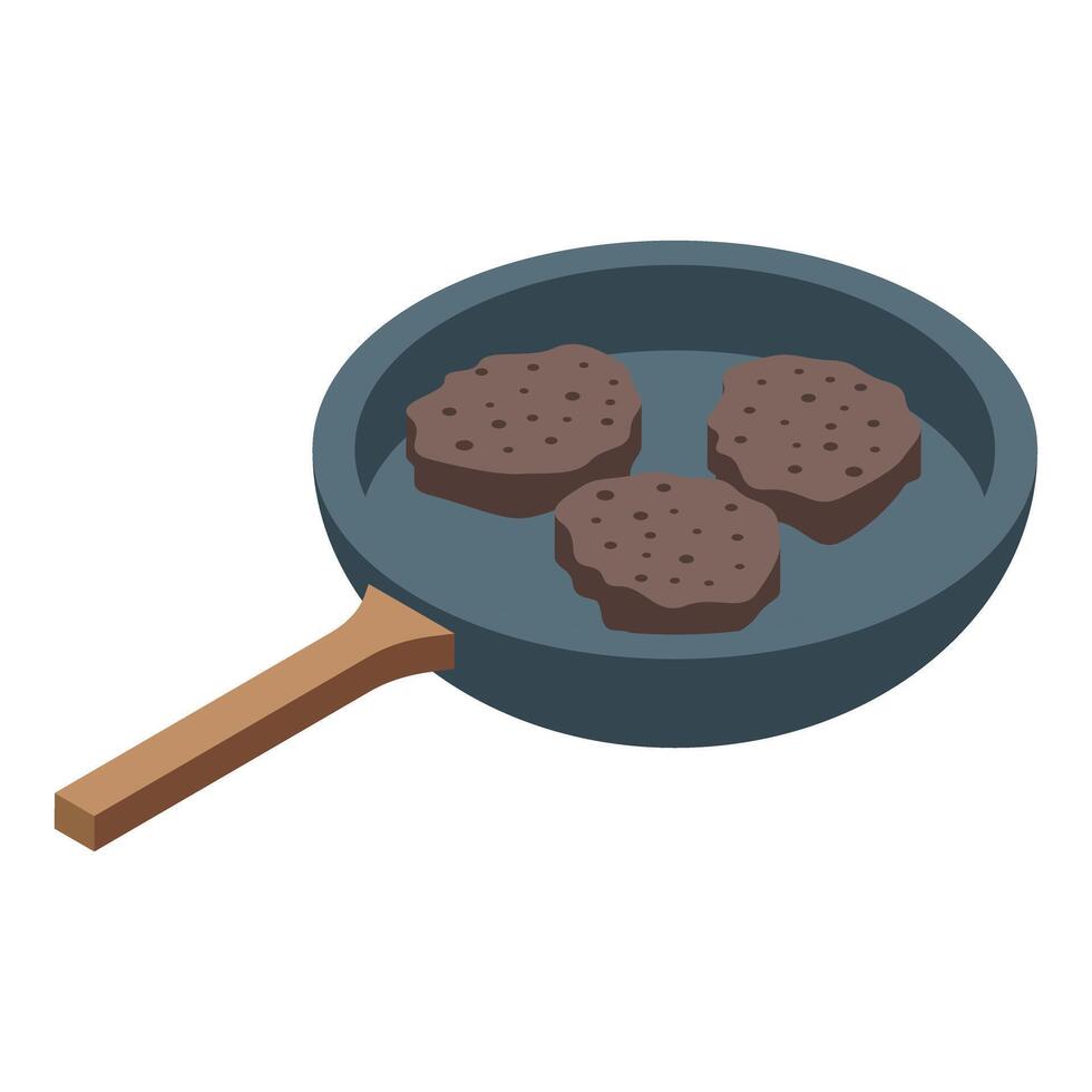 Frying pan cooking three burger patties isometric view vector