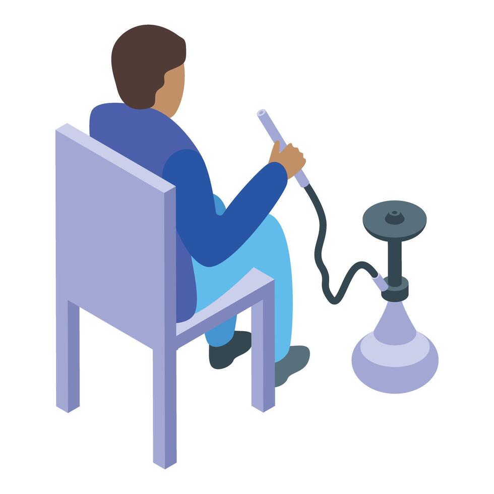 Man is smoking hookah at home sitting on the chair vector