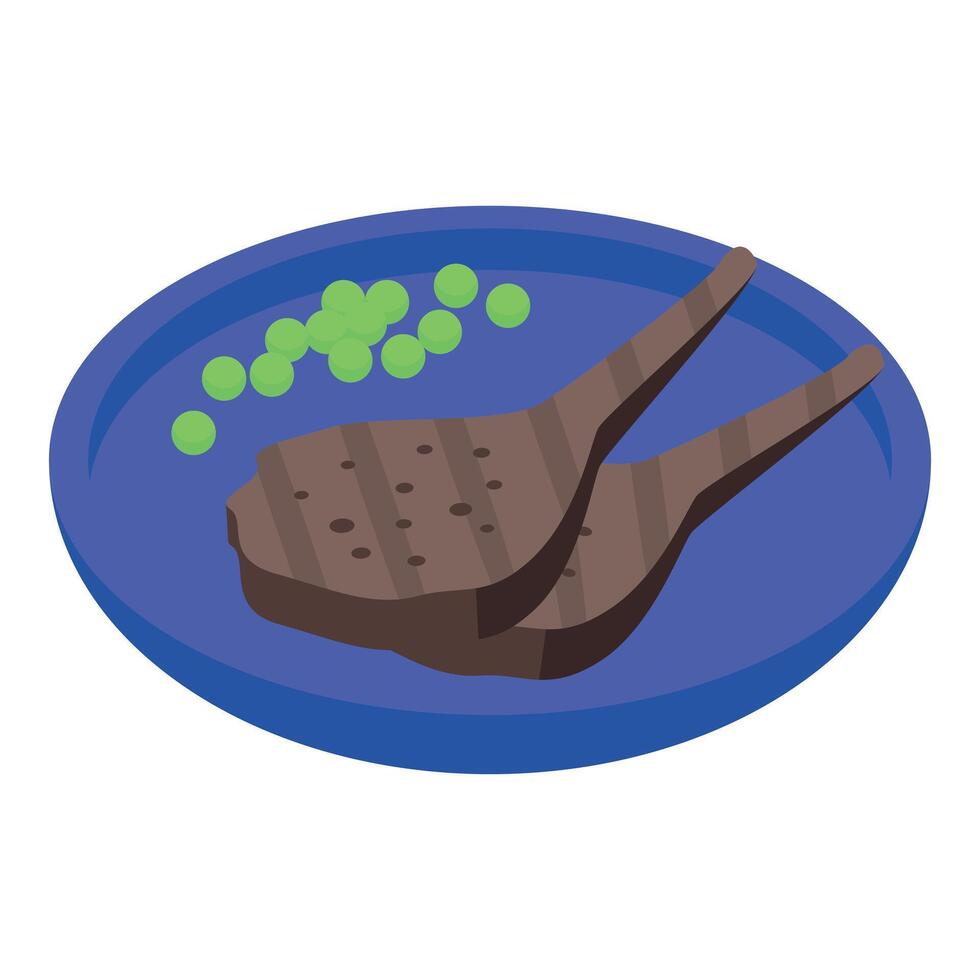 Two grilled t bone steaks served on a blue plate with a side of peas vector