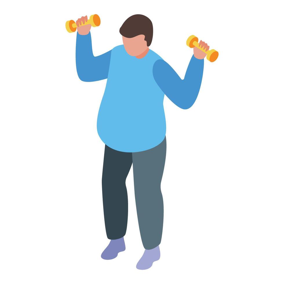 Overweight man lifting weights during home workout routine vector
