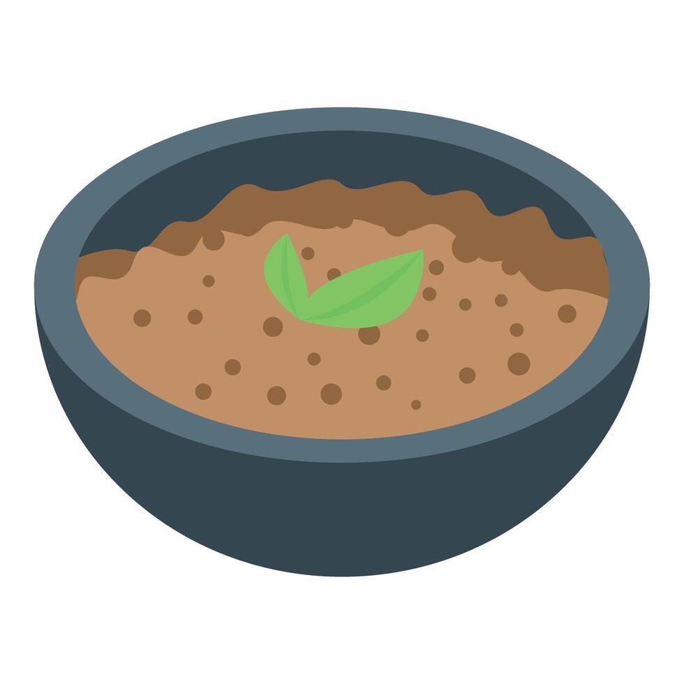 Grey bowl containing brown puree decorated with green leaves vector