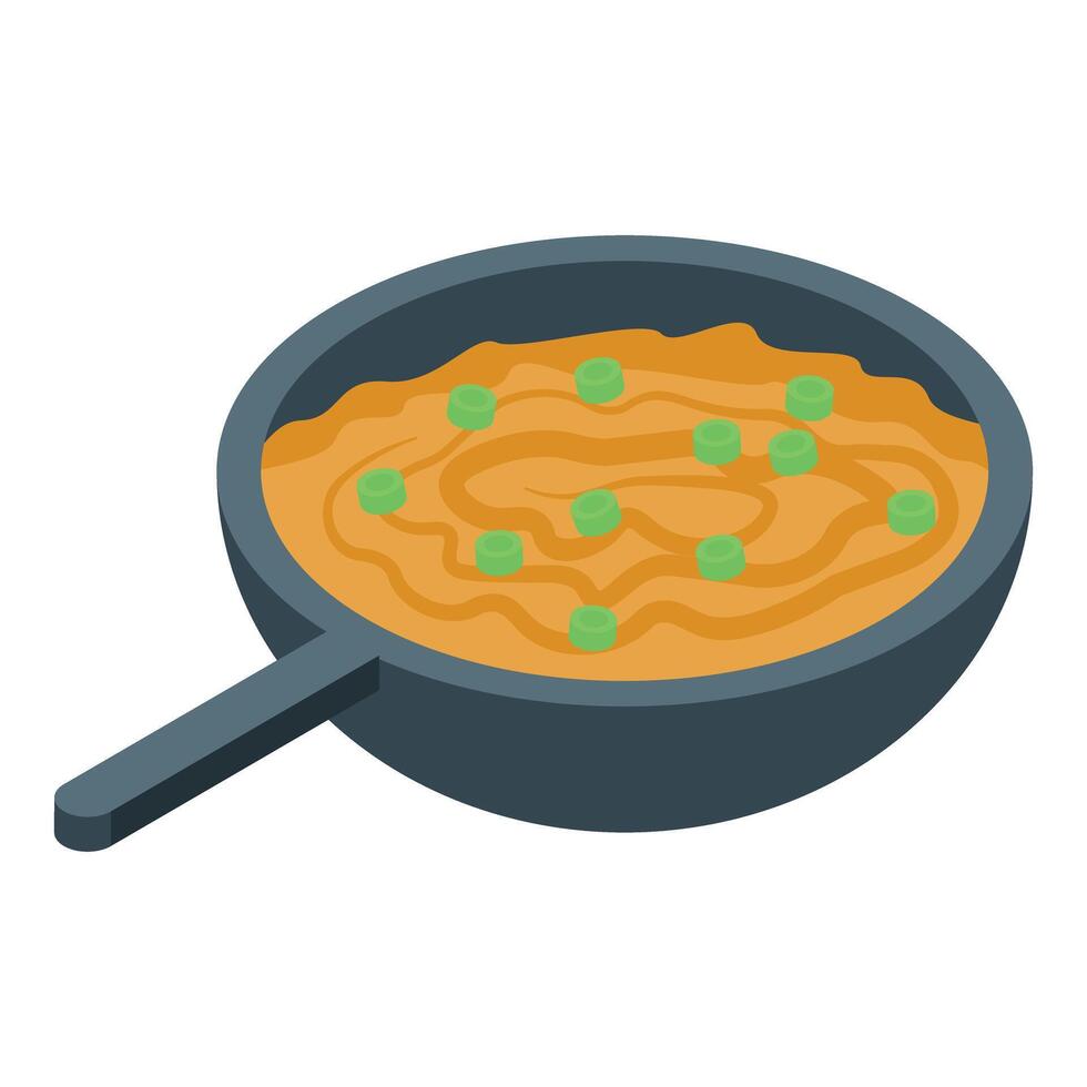 Cooking pan containing delicious soup with green peas isometric icon vector