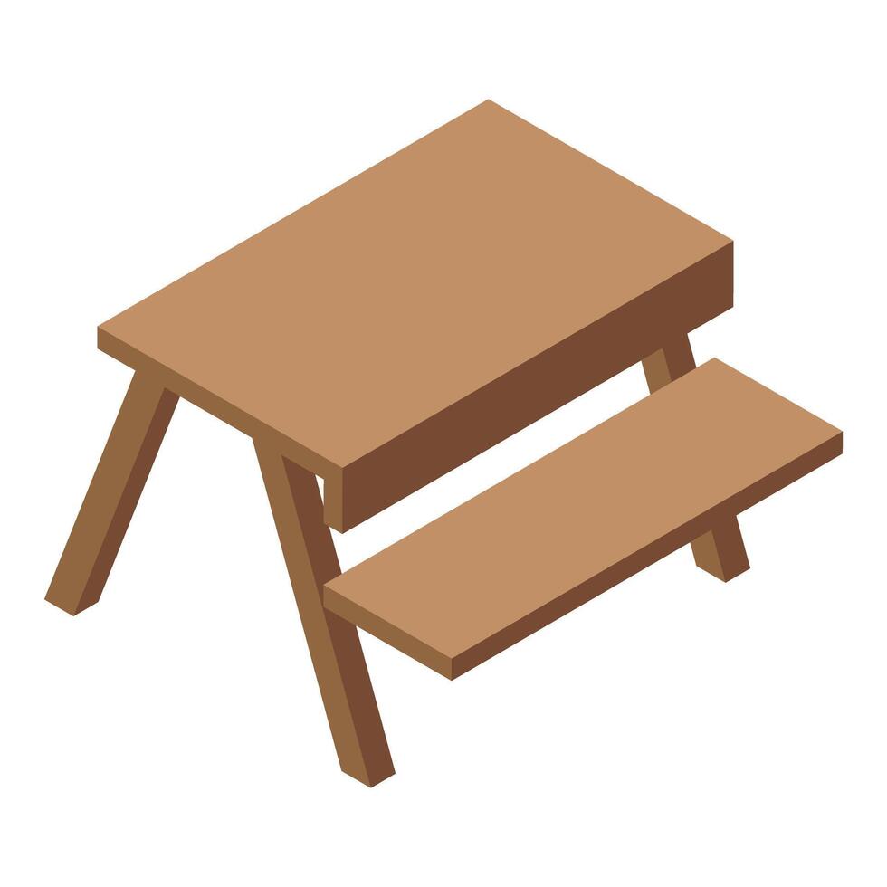 Wooden picnic table with attached bench isometric view vector