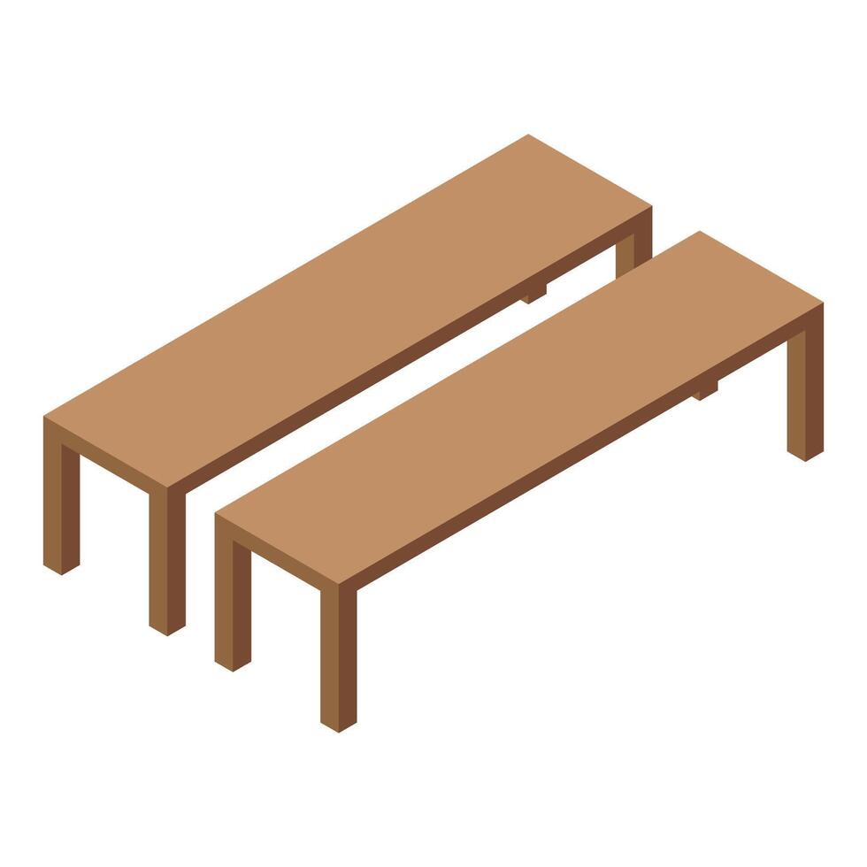 Two long wooden benches standing side by side isometric view vector