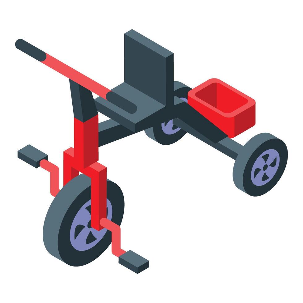 Red tricycle with pedals and storage box isometric icon vector