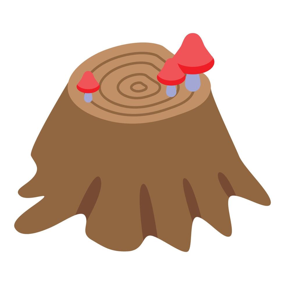 Red mushrooms growing on tree stump in isometric view vector