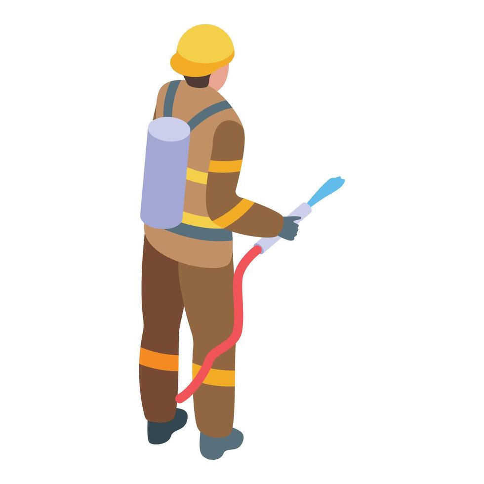 Fireman is holding a fire hose and extinguishing a fire vector
