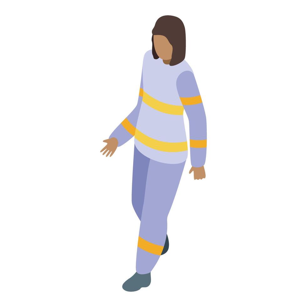 Female firefighter walking wearing protective uniform isometric view vector