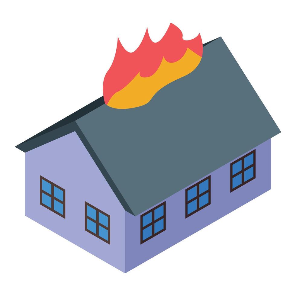 Burning house with big flames on the roof isometric view vector