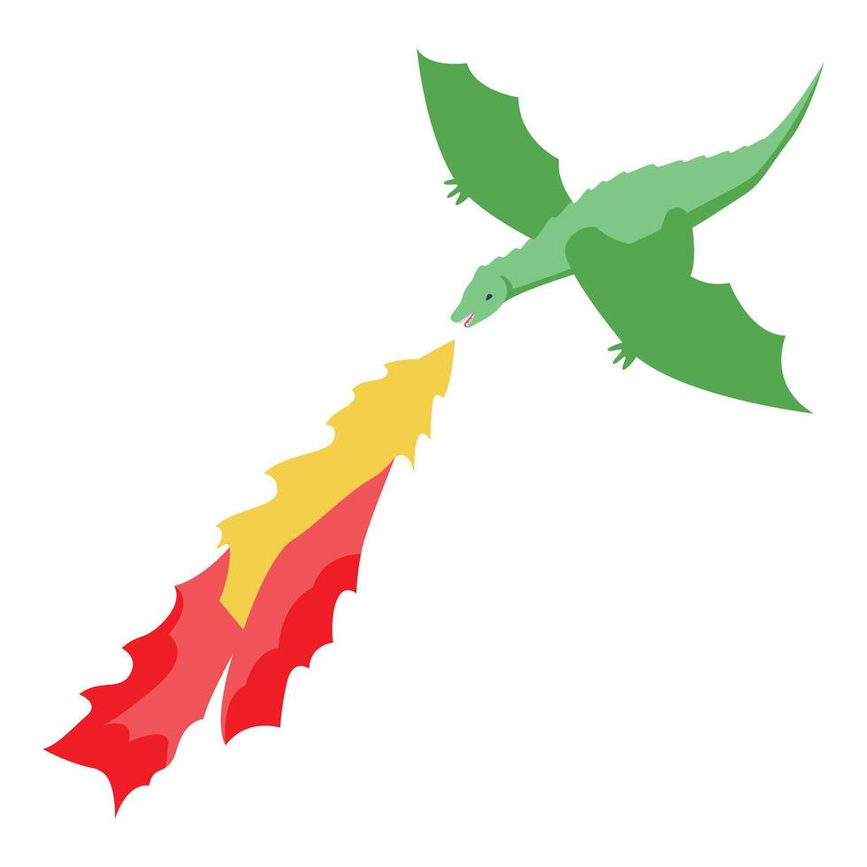 Green dragon flying and spitting fire fantasy illustration vector