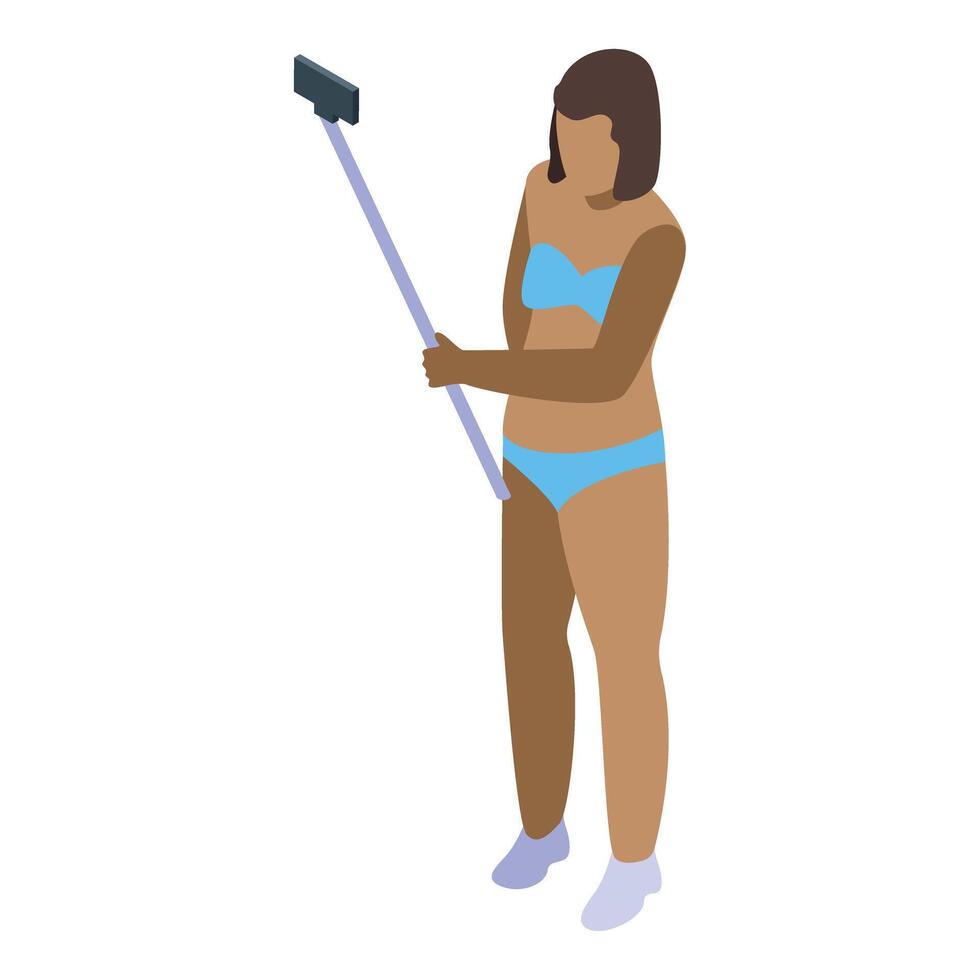 Blogger taking selfie using monopod at beach vector